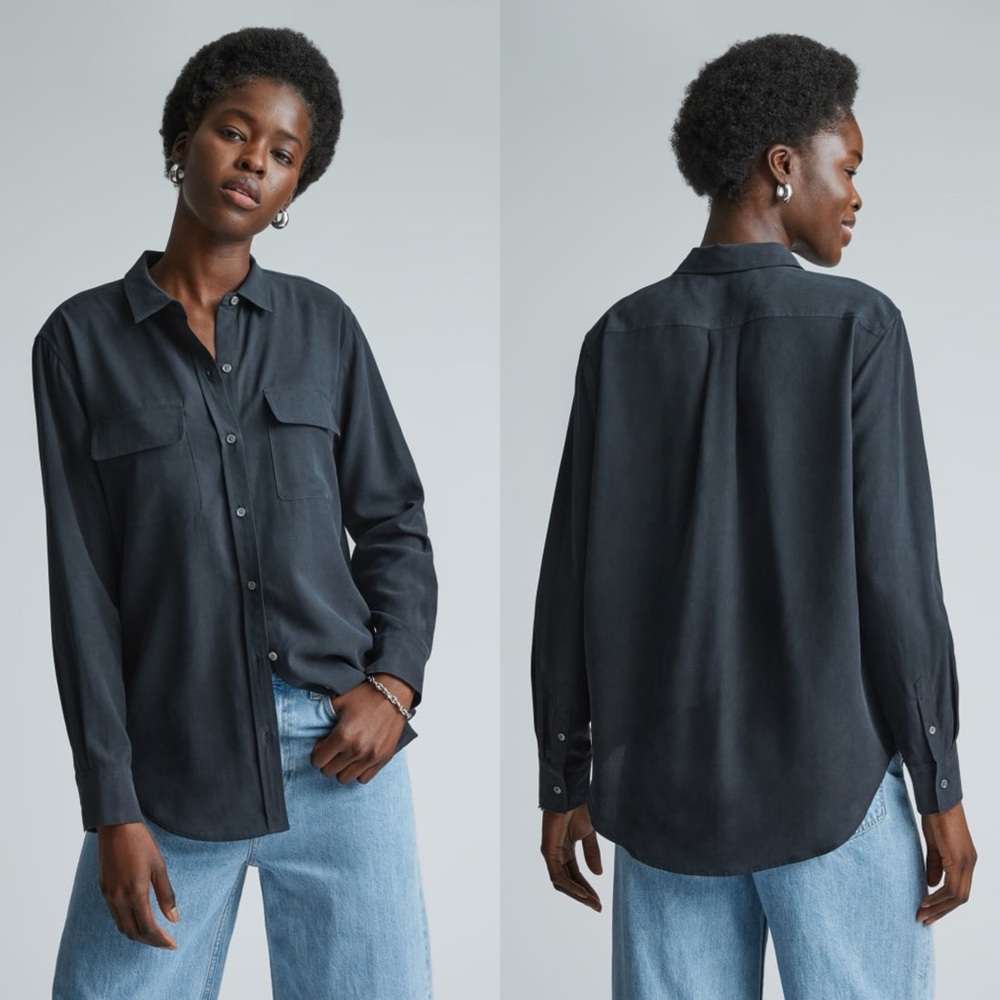 Everlane The Washable Silk Relaxed Shirt Button Down Black Blouse Size 2